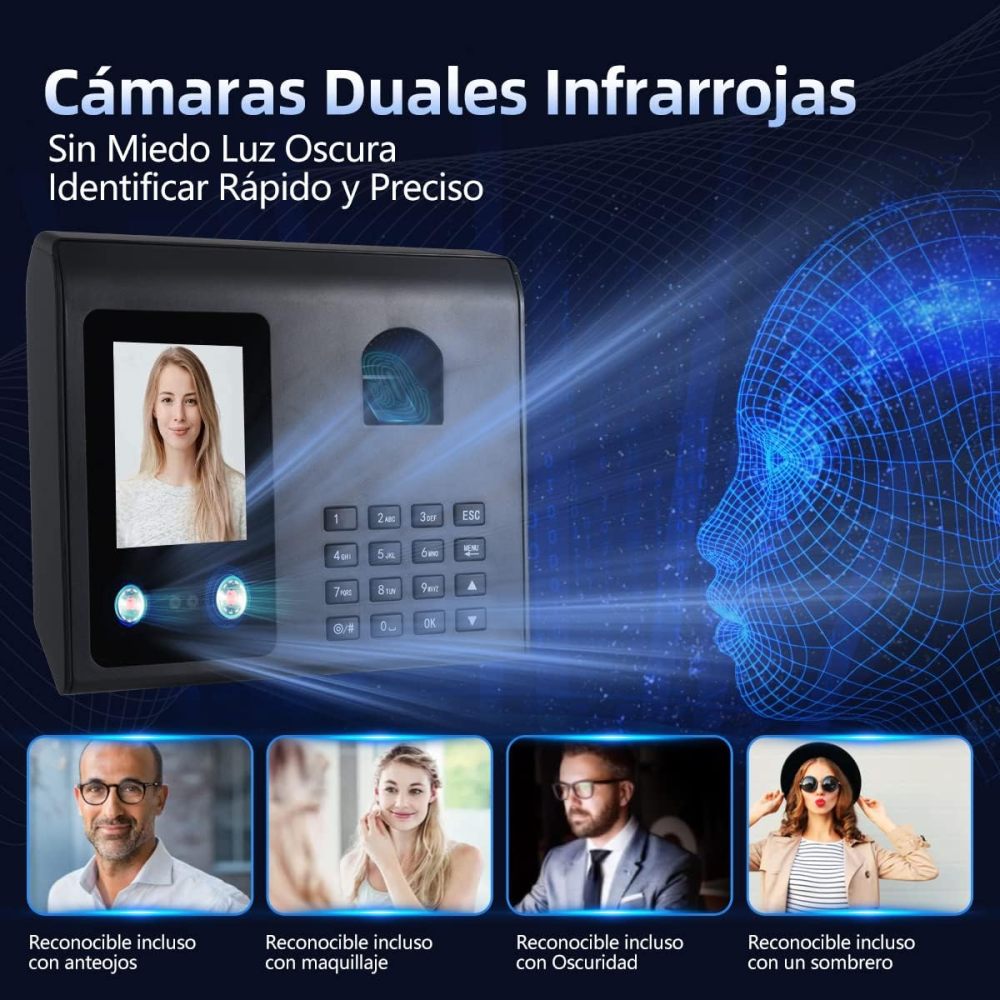 3-in-1 Time Clock Attendance Machine with Dual Infrared Cameras, Facial Recognition (500 Faces and 1500 Fingerprints), Biometric Time Clock, Voice Reminder, and Reporting via USB Flash Drive