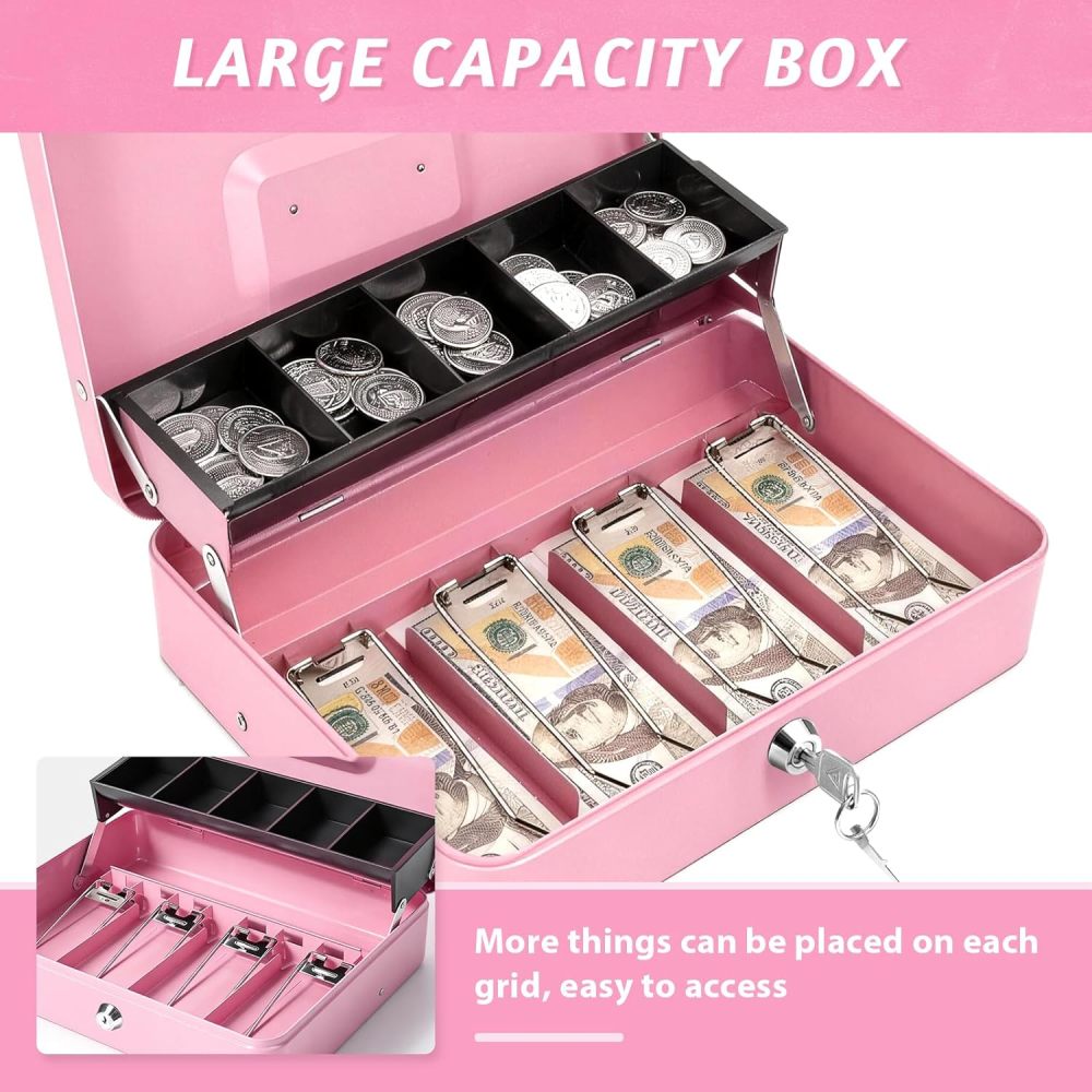 WELIKERA Security Cash Box with Keys and Security Lock, Storage Safe, Large Compartments with 4 Bill Trays and 5 Coin Trays (Pink)
