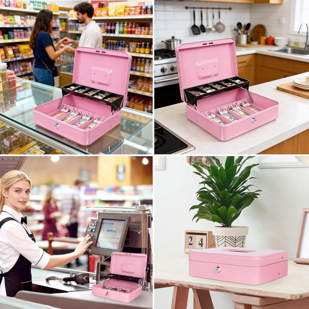 WELIKERA Security Cash Box with Keys and Security Lock, Storage Safe, Large Compartments with 4 Bill Trays and 5 Coin Trays (Pink)