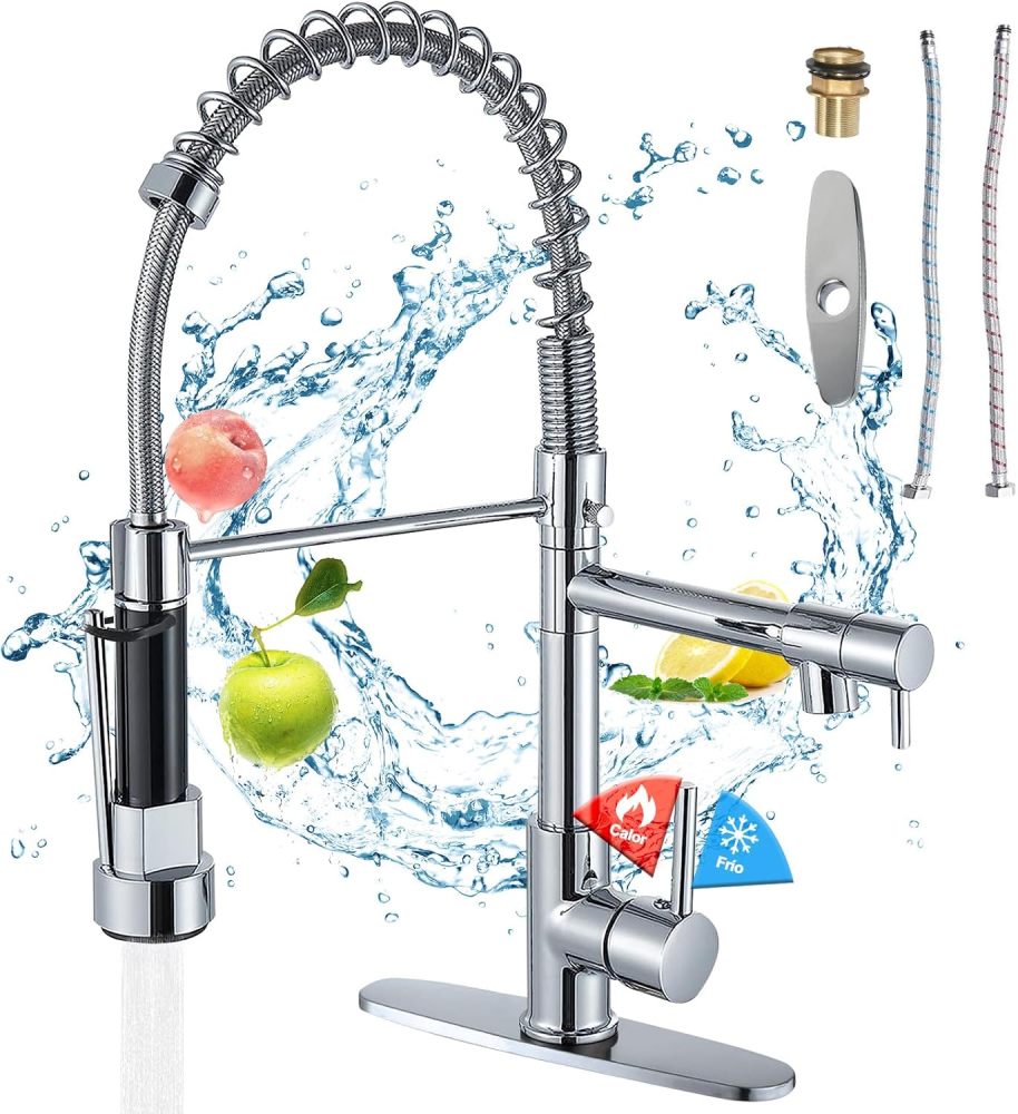 Kitchen Sink Faucet with 2 Outlets, Stainless Steel Mixer Tap, Pull Ring Frees Hands, Single Lever Pull-Out Faucet, Includes 2 Hot and Cold Hoses