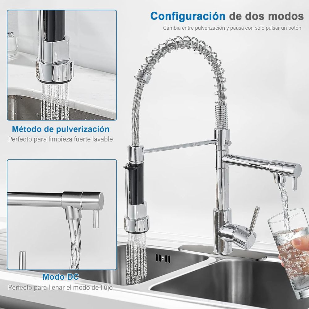 Kitchen Sink Faucet with 2 Outlets, Stainless Steel Mixer Tap, Pull Ring Frees Hands, Single Lever Pull-Out Faucet, Includes 2 Hot and Cold Hoses