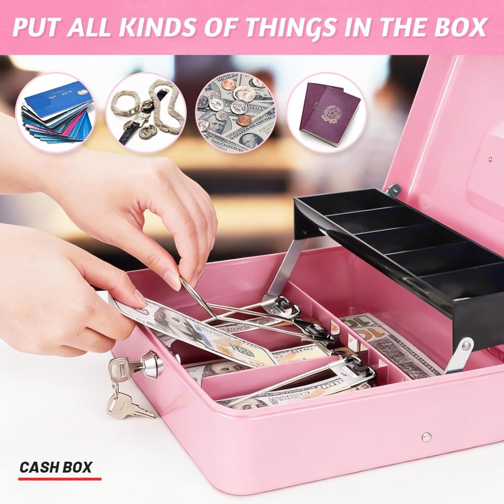 WELIKERA Security Cash Box with Keys and Security Lock, Storage Safe, Large Compartments with 4 Bill Trays and 5 Coin Trays (Pink)