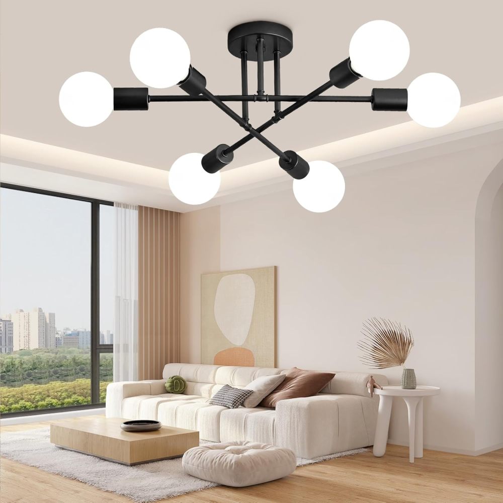 Modern Ceiling Light, Sputnik Candeliers 6 Lights, Satellite Chandelier for Bedroom, Hanging Ceiling Light for Living Room, Dining Room, Kitchen, Office (Black)
