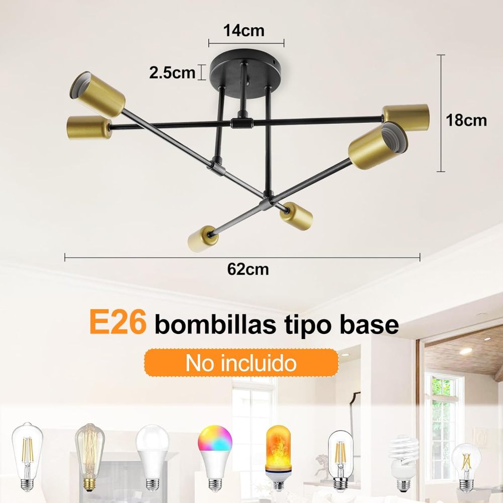 Modern Ceiling Light, Sputnik Candeliers 6 Lights, Satellite Chandelier for Bedroom, Hanging Ceiling Light for Living Room, Dining Room, Kitchen, Office (Black Gold)