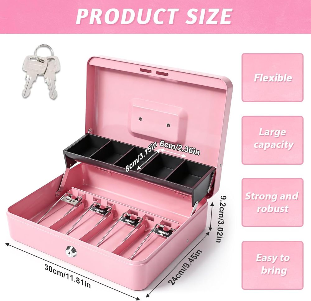 WELIKERA Security Cash Box with Keys and Security Lock, Storage Safe, Large Compartments with 4 Bill Trays and 5 Coin Trays (Pink)
