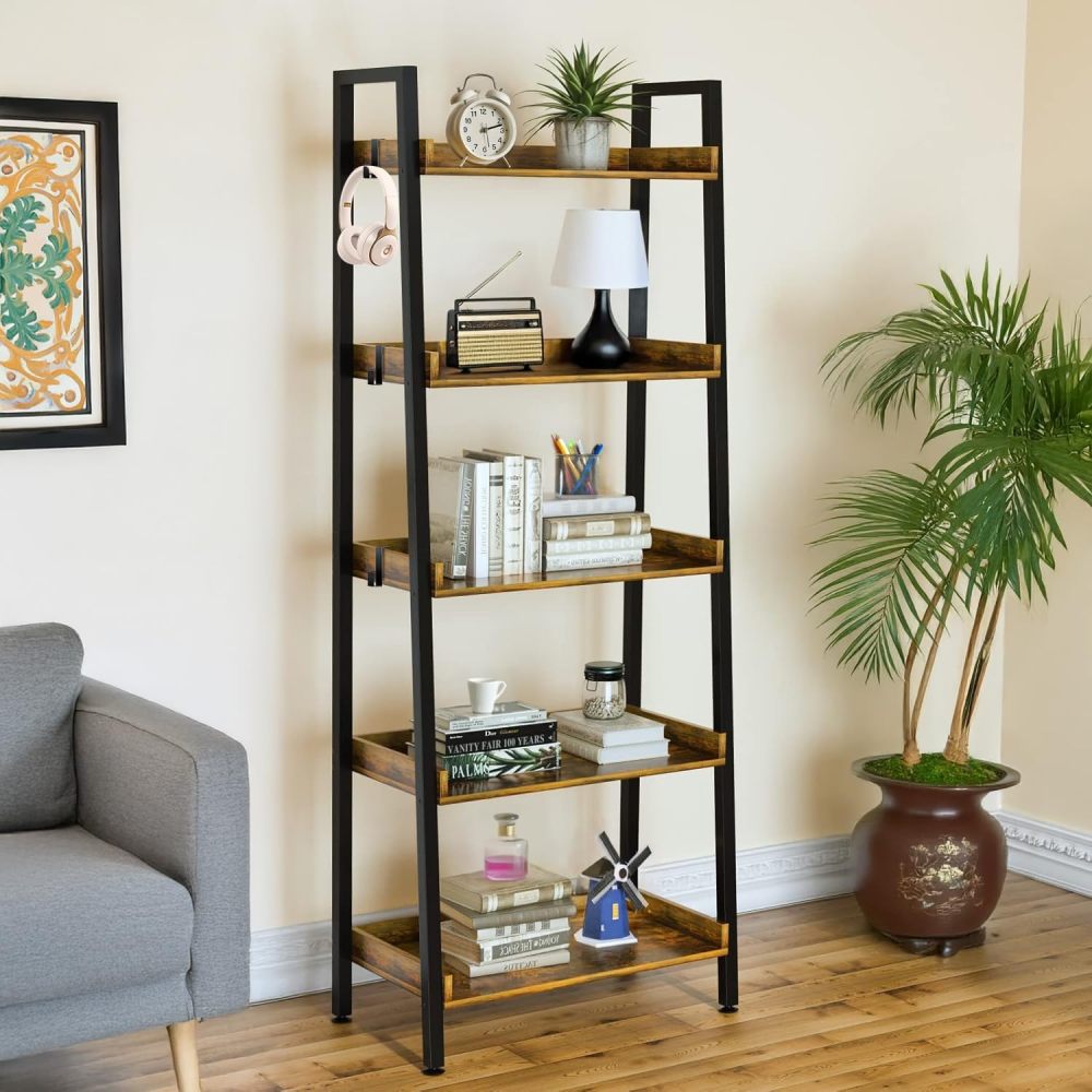 Estantería de Escalera de 5 Niveles con Estante Abierto para Almacenamiento, Estantería Industrial y Estantería para Libros Alta con Ganchos, Estantes de Cocina Dormitorio, Sala, Organizador Esquinero