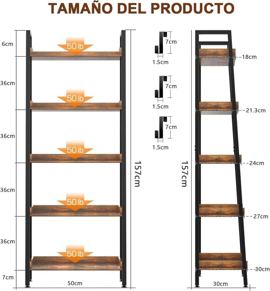 Estantería de Escalera de 5 Niveles con Estante Abierto para Almacenamiento, Estantería Industrial y Estantería para Libros Alta con Ganchos, Estantes de Cocina Dormitorio, Sala, Organizador Esquinero