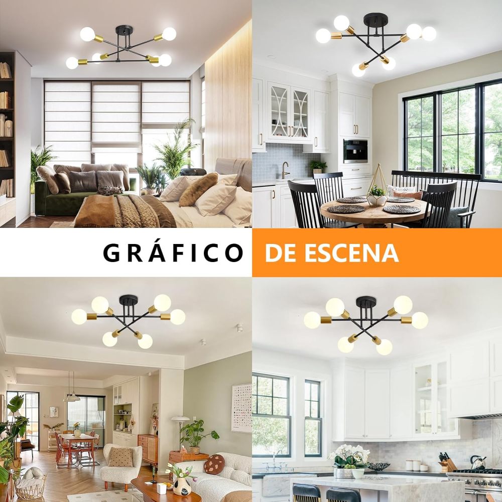 Modern Ceiling Light, Sputnik Candeliers 6 Lights, Satellite Chandelier for Bedroom, Hanging Ceiling Light for Living Room, Dining Room, Kitchen, Office (Black Gold)