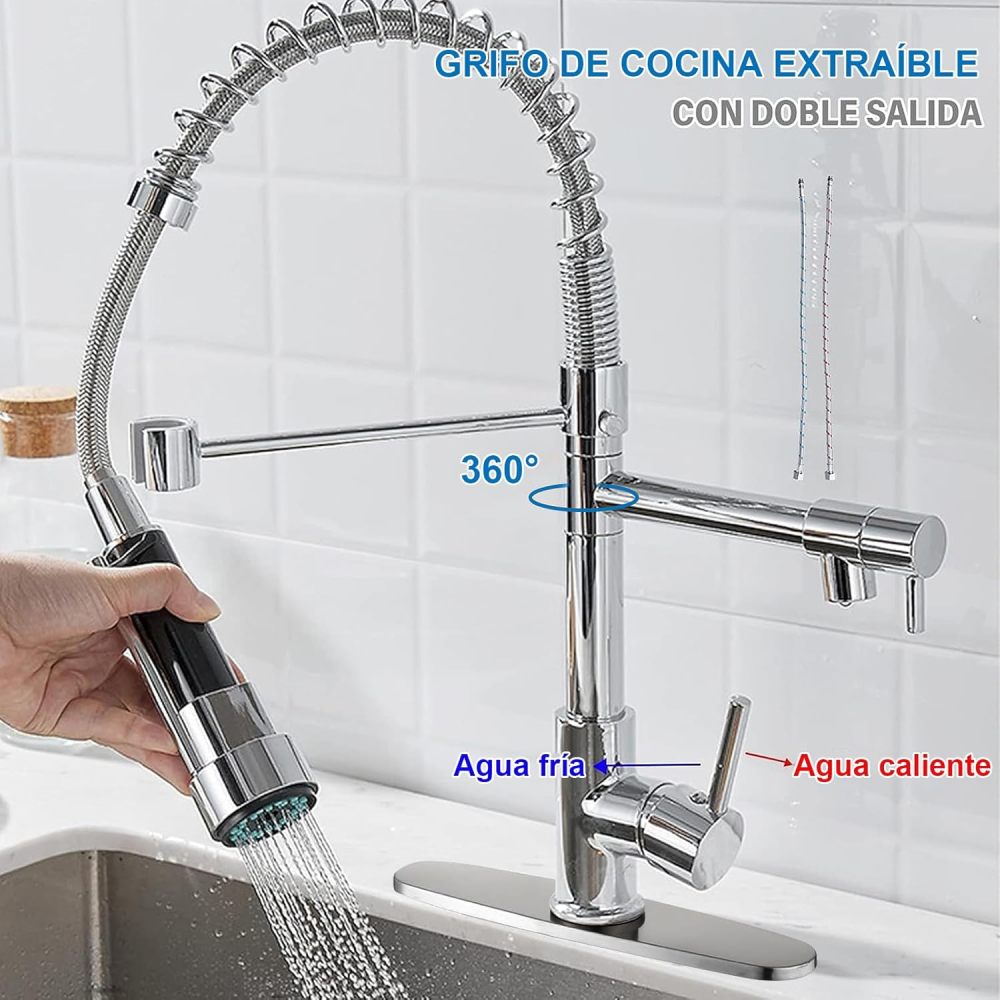 Kitchen Sink Faucet with 2 Outlets, Stainless Steel Mixer Tap, Pull Ring Frees Hands, Single Lever Pull-Out Faucet, Includes 2 Hot and Cold Hoses