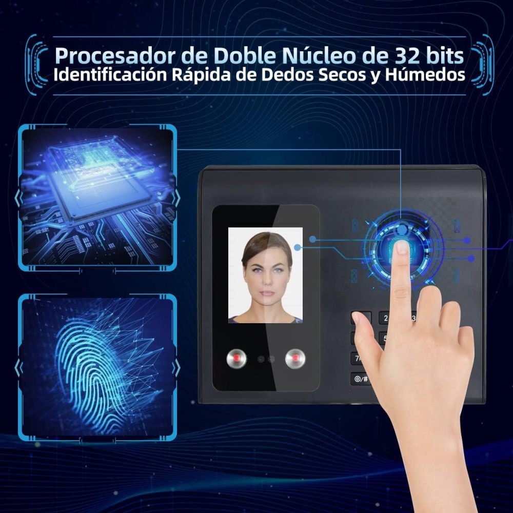 3-in-1 Time Clock Attendance Machine with Dual Infrared Cameras, Facial Recognition (500 Faces and 1500 Fingerprints), Biometric Time Clock, Voice Reminder, and Reporting via USB Flash Drive