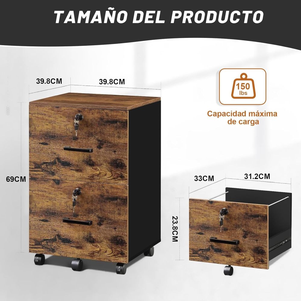 Filing Cabinet with 2 Drawers, Filing Cabinet with 5 Wheels for A4 and Letter Size Files, Under Desk Organizer for Home Office, Lockable Filing Cabinets with Printer Stand