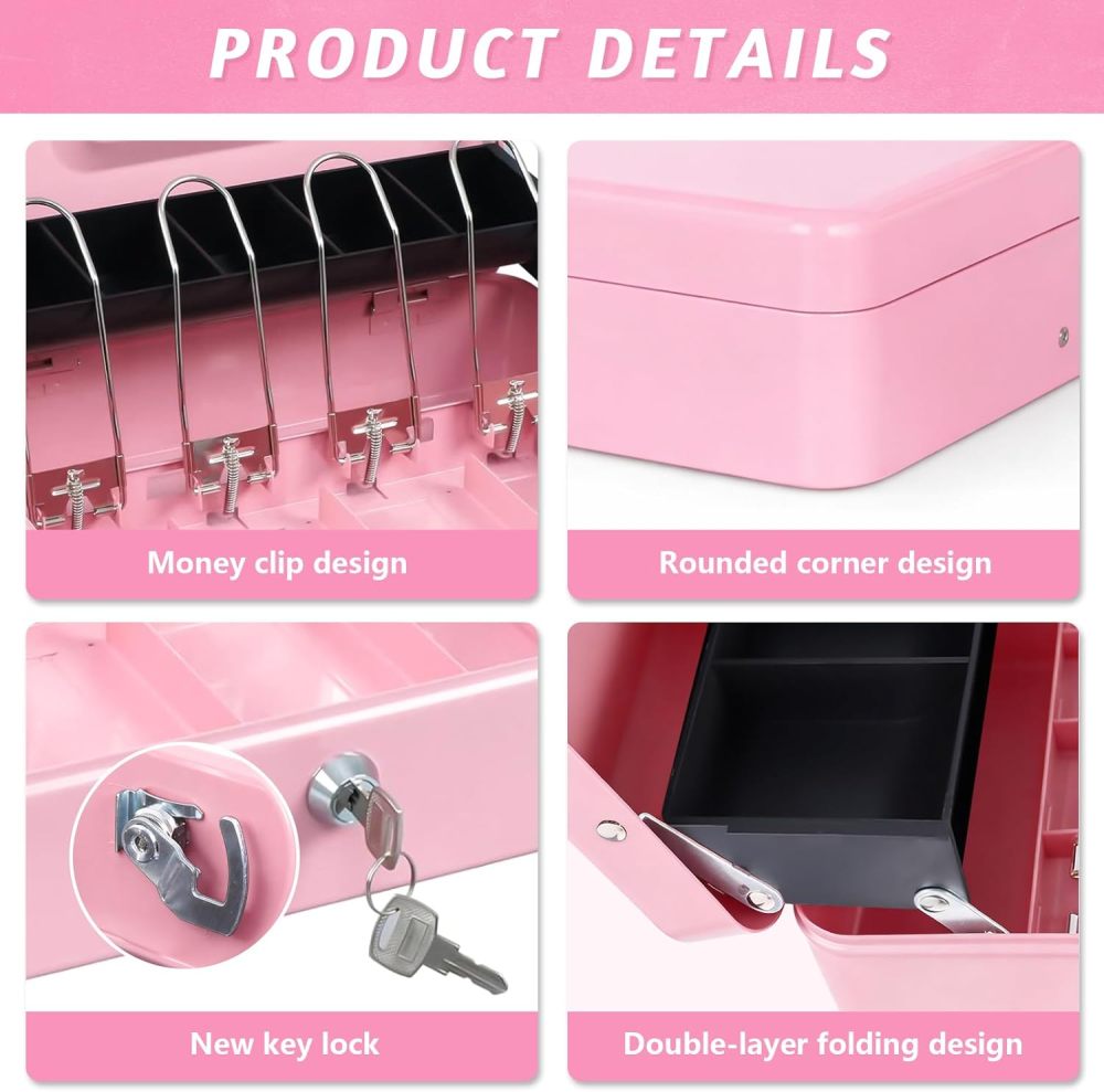 WELIKERA Security Cash Box with Keys and Security Lock, Storage Safe, Large Compartments with 4 Bill Trays and 5 Coin Trays (Pink)