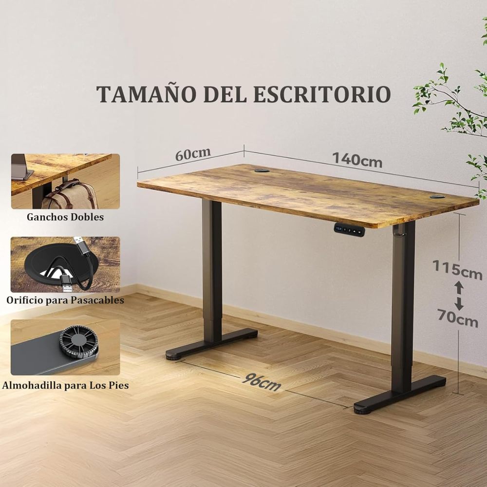 WELIKERA Large 140 x 60 cm Electric Height Adjustable Desk, Standing Gaming Desk for Home Office, with Memory Foam and Metal T-Bracket, Rustic Brown