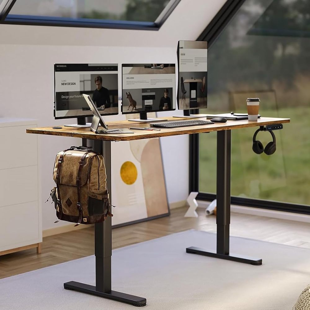 WELIKERA Large 140 x 60 cm Electric Height Adjustable Desk, Standing Gaming Desk for Home Office, with Memory Foam and Metal T-Bracket, Rustic Brown