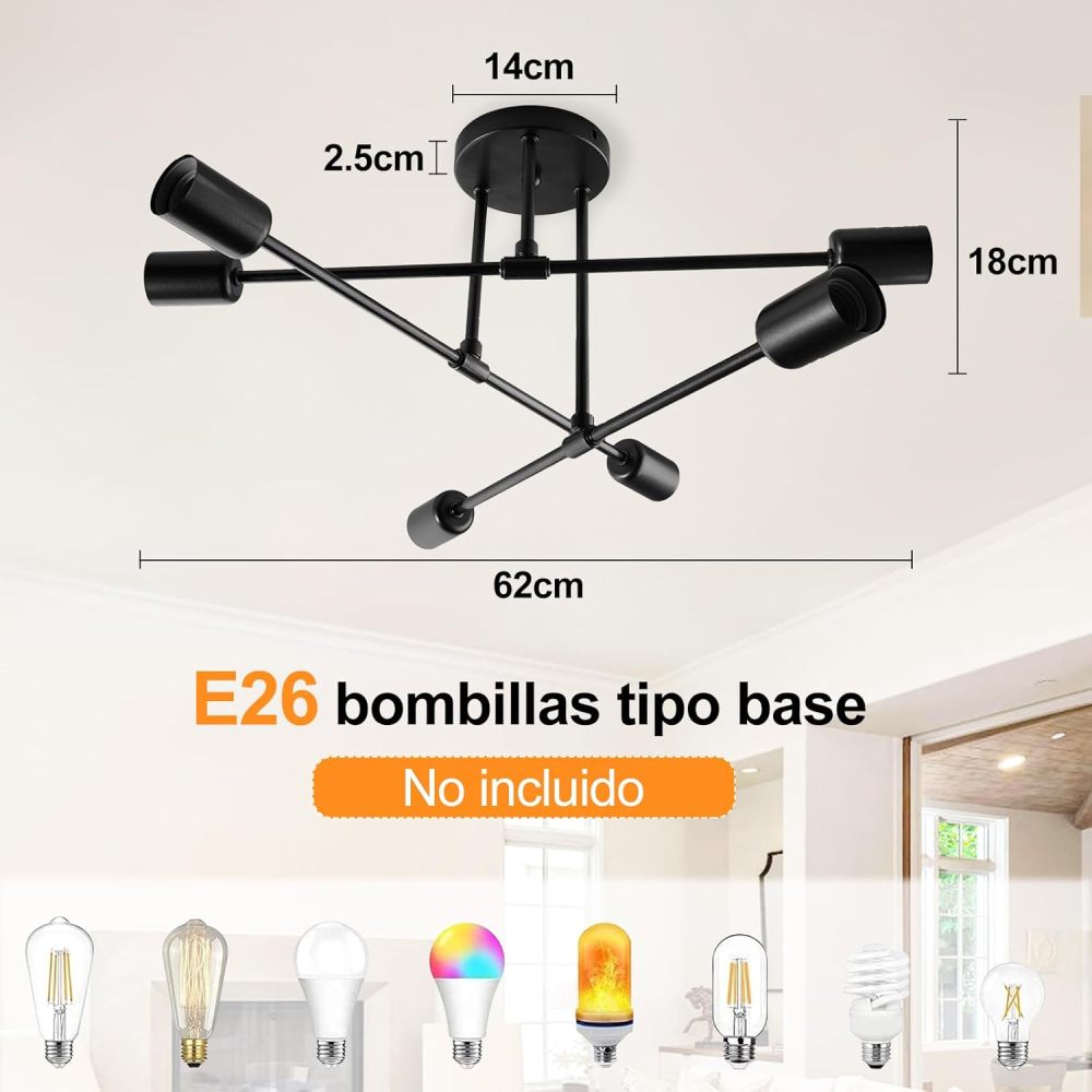 Modern WiFi Ceiling Light, Sputnik 6-Light Chandelier, Satellite Chandelier for Bedroom, Ceiling Pendant Light for Living Room, Dining Room, App Control and Switch (Black)