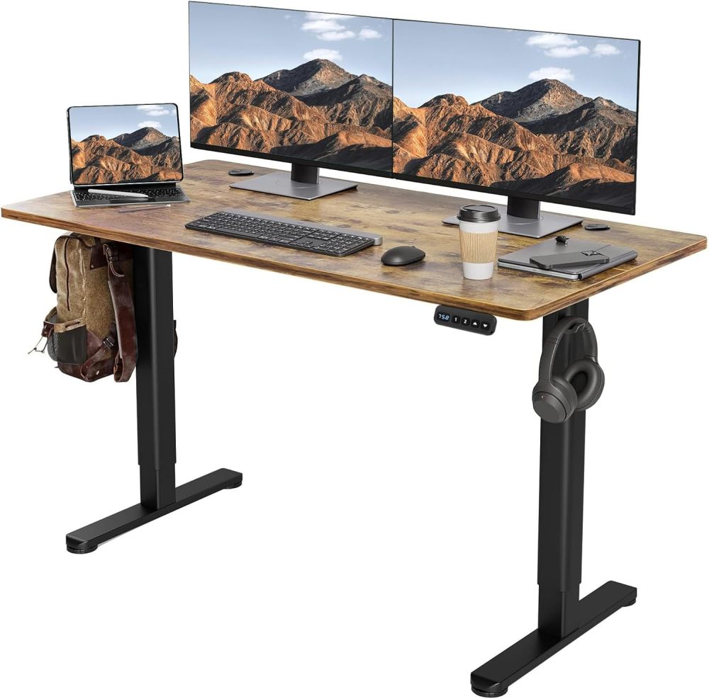 WELIKERA Large 140 x 60 cm Electric Height Adjustable Desk, Standing Gaming Desk for Home Office, with Memory Foam and Metal T-Bracket, Rustic Brown