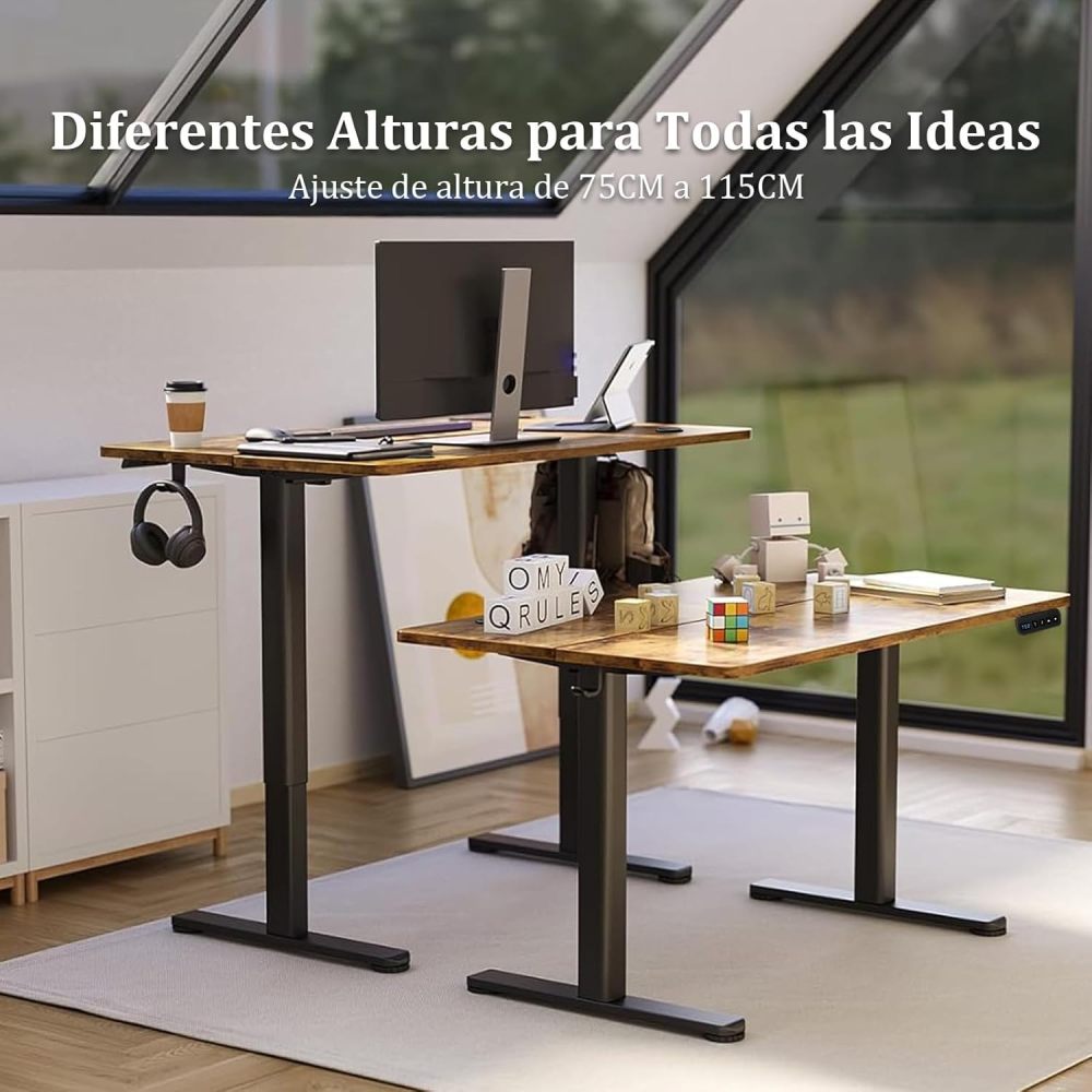 WELIKERA Large 140 x 60 cm Electric Height Adjustable Desk, Standing Gaming Desk for Home Office, with Memory Foam and Metal T-Bracket, Rustic Brown