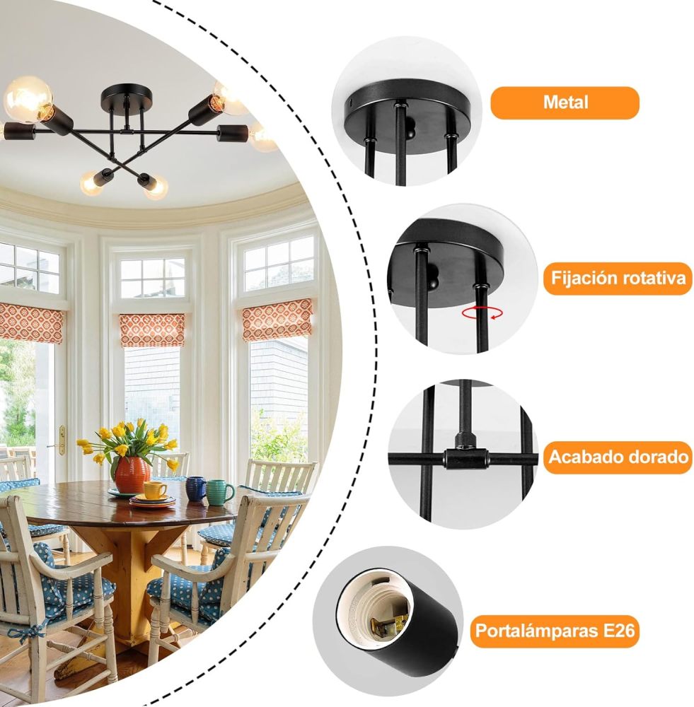 Modern WiFi Ceiling Light, Sputnik 6-Light Chandelier, Satellite Chandelier for Bedroom, Ceiling Pendant Light for Living Room, Dining Room, App Control and Switch (Black)