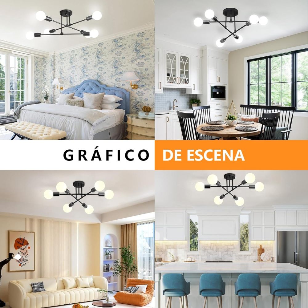 Modern WiFi Ceiling Light, Sputnik 6-Light Chandelier, Satellite Chandelier for Bedroom, Ceiling Pendant Light for Living Room, Dining Room, App Control and Switch (Black)