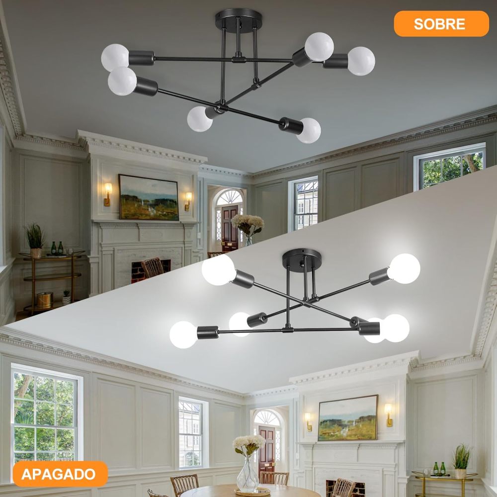 Modern WiFi Ceiling Light, Sputnik 6-Light Chandelier, Satellite Chandelier for Bedroom, Ceiling Pendant Light for Living Room, Dining Room, App Control and Switch (Black)