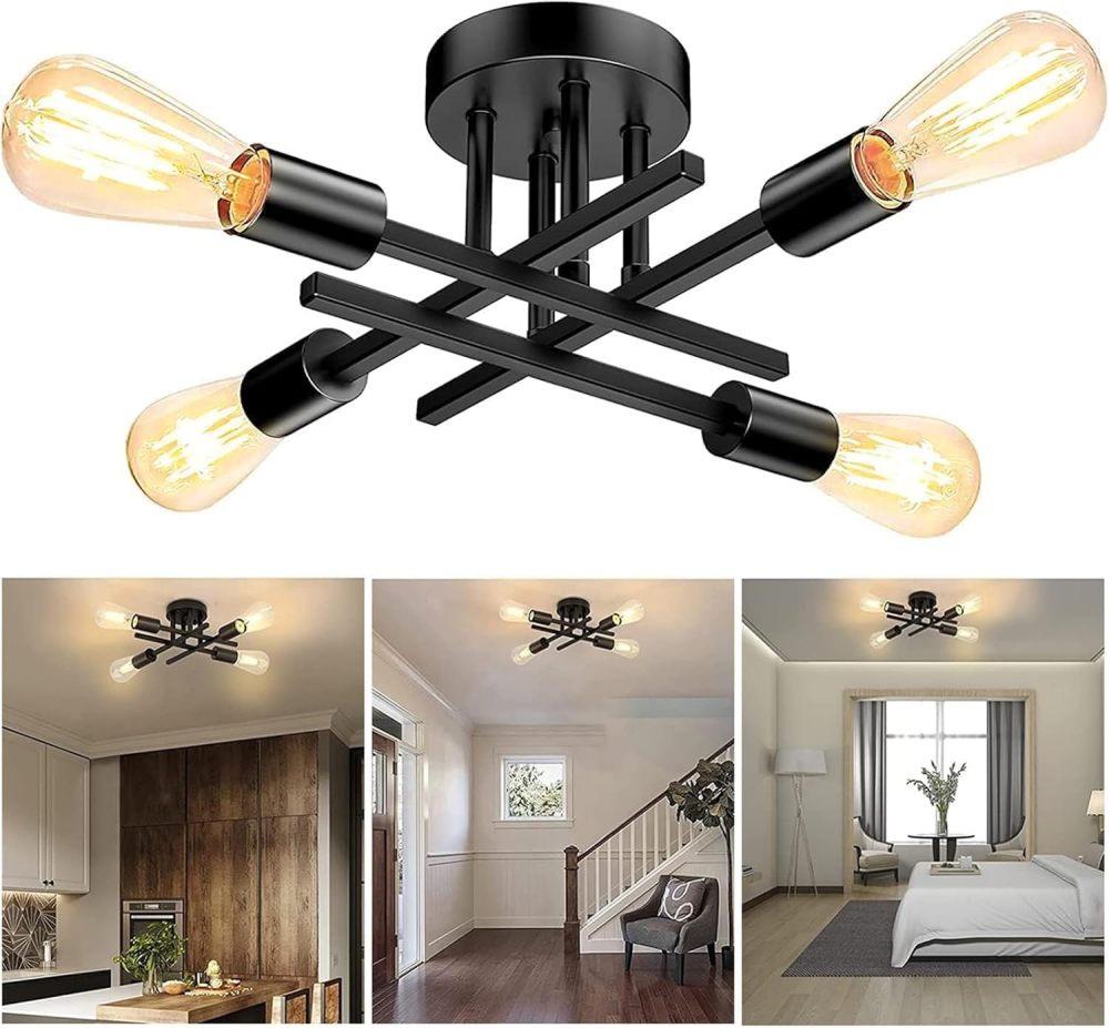 Modern Ceiling Light, Sputnik Candeliers 4 Lights, Semi-Flush Mount Pendant Light, Ceiling Light for Home, Dining Room, Bedroom and Kitchen (Black)