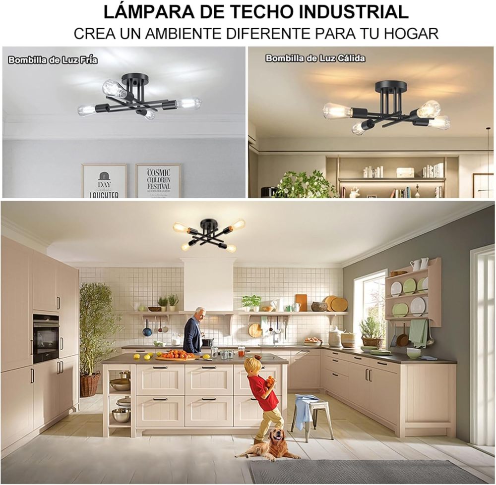 Modern Ceiling Light, Sputnik Candeliers 4 Lights, Semi-Flush Mount Pendant Light, Ceiling Light for Home, Dining Room, Bedroom and Kitchen (Black)