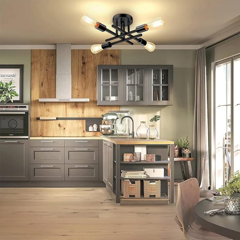 Modern Ceiling Light, Sputnik Candeliers 4 Lights, Semi-Flush Mount Pendant Light, Ceiling Light for Home, Dining Room, Bedroom and Kitchen (Black)