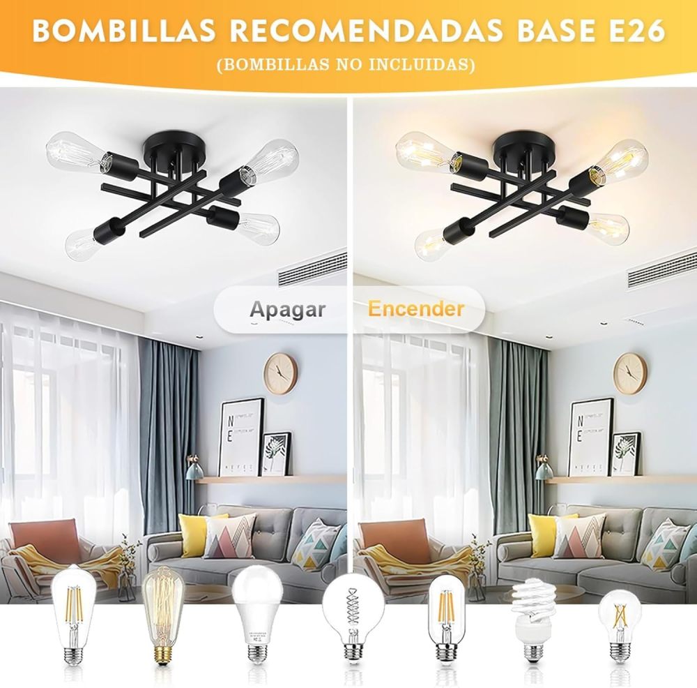 Modern Ceiling Light, Sputnik Candeliers 4 Lights, Semi-Flush Mount Pendant Light, Ceiling Light for Home, Dining Room, Bedroom and Kitchen (Black)