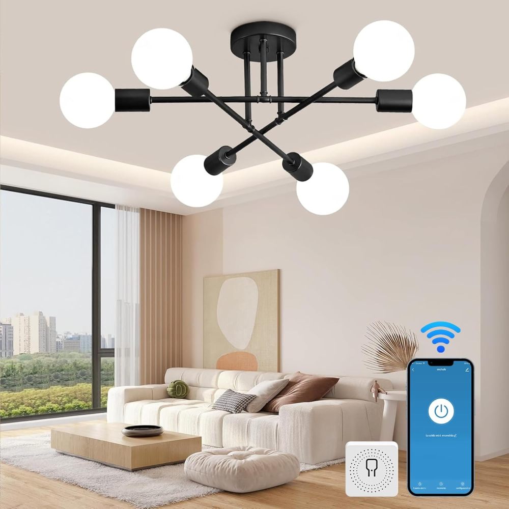 Modern WiFi Ceiling Light, Sputnik 6-Light Chandelier, Satellite Chandelier for Bedroom, Ceiling Pendant Light for Living Room, Dining Room, App Control and Switch (Black)
