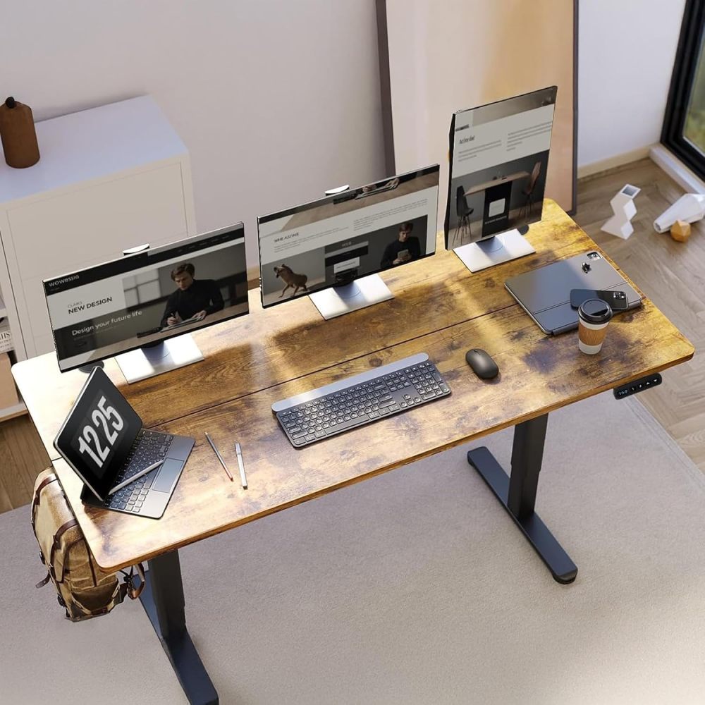 WELIKERA Large 140 x 60 cm Electric Height Adjustable Desk, Standing Gaming Desk for Home Office, with Memory Foam and Metal T-Bracket, Rustic Brown