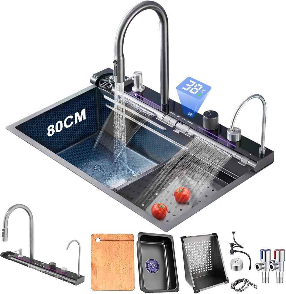 Kitchen Sink with Smart Digital Display, Double Waterfall and 13 Accessories, 80 * 46 * 22cm, 304 Stainless Steel Kitchen Sinks, Black Kitchen Sink, Upgraded Version.