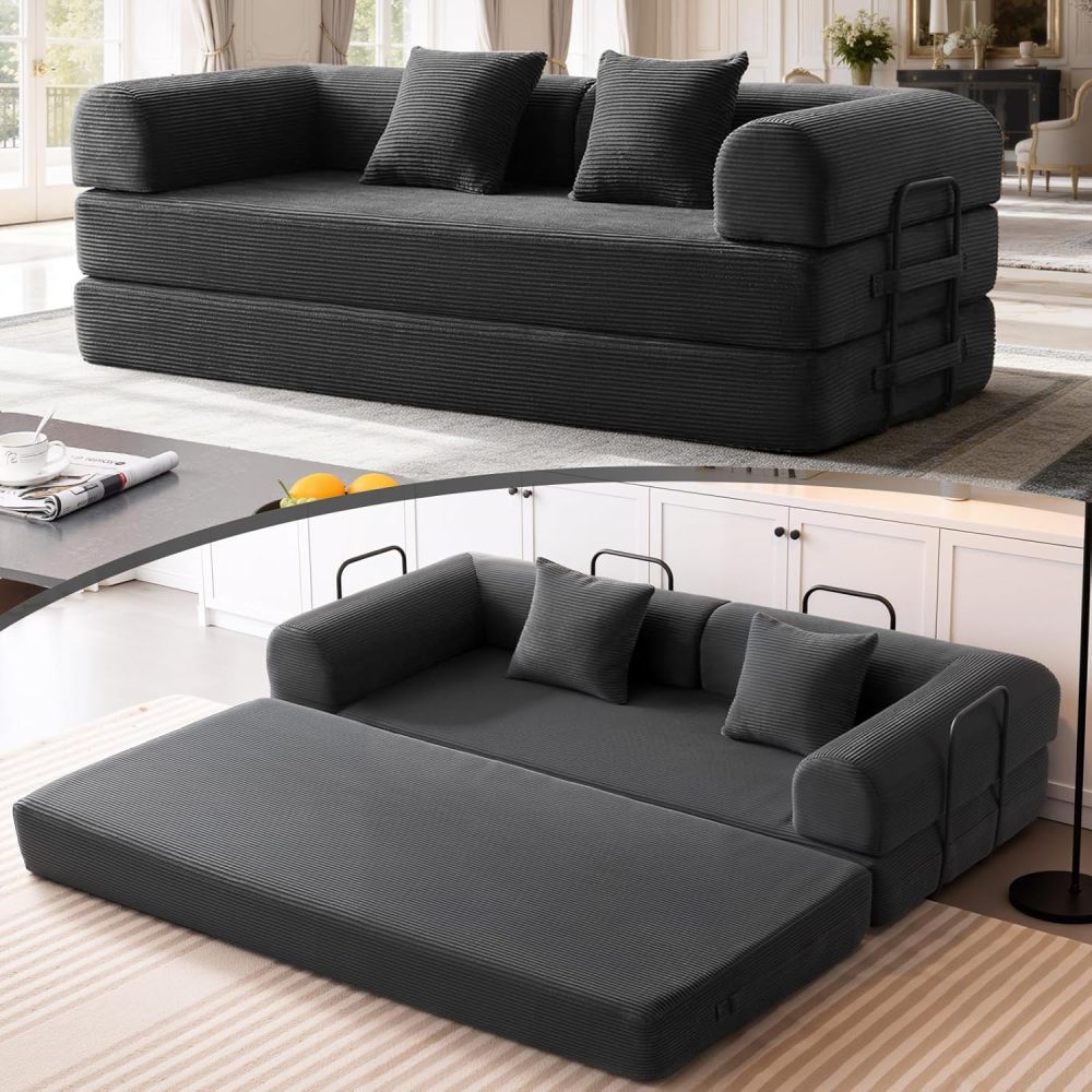 5-in-1 Convertible Sofa Bed, Corduroy Modular Sofa with Fixed Frame and Removable Armrests, Folding Sofa for Small Spaces, No Assembly Required (Black, 200 CM)