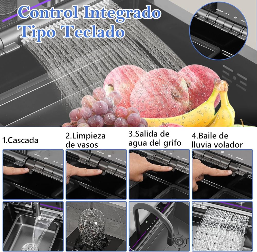 Kitchen Sink with Smart Digital Display, Double Waterfall and 13 Accessories, 80 * 46 * 22cm, 304 Stainless Steel Kitchen Sinks, Black Kitchen Sink, Upgraded Version.