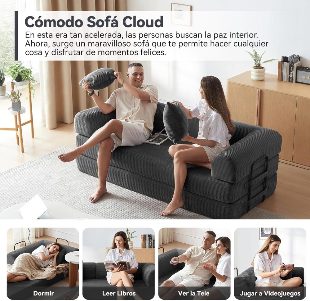 5-in-1 Convertible Sofa Bed, Corduroy Modular Sofa with Fixed Frame and Removable Armrests, Folding Sofa for Small Spaces, No Assembly Required (Black, 200 CM)