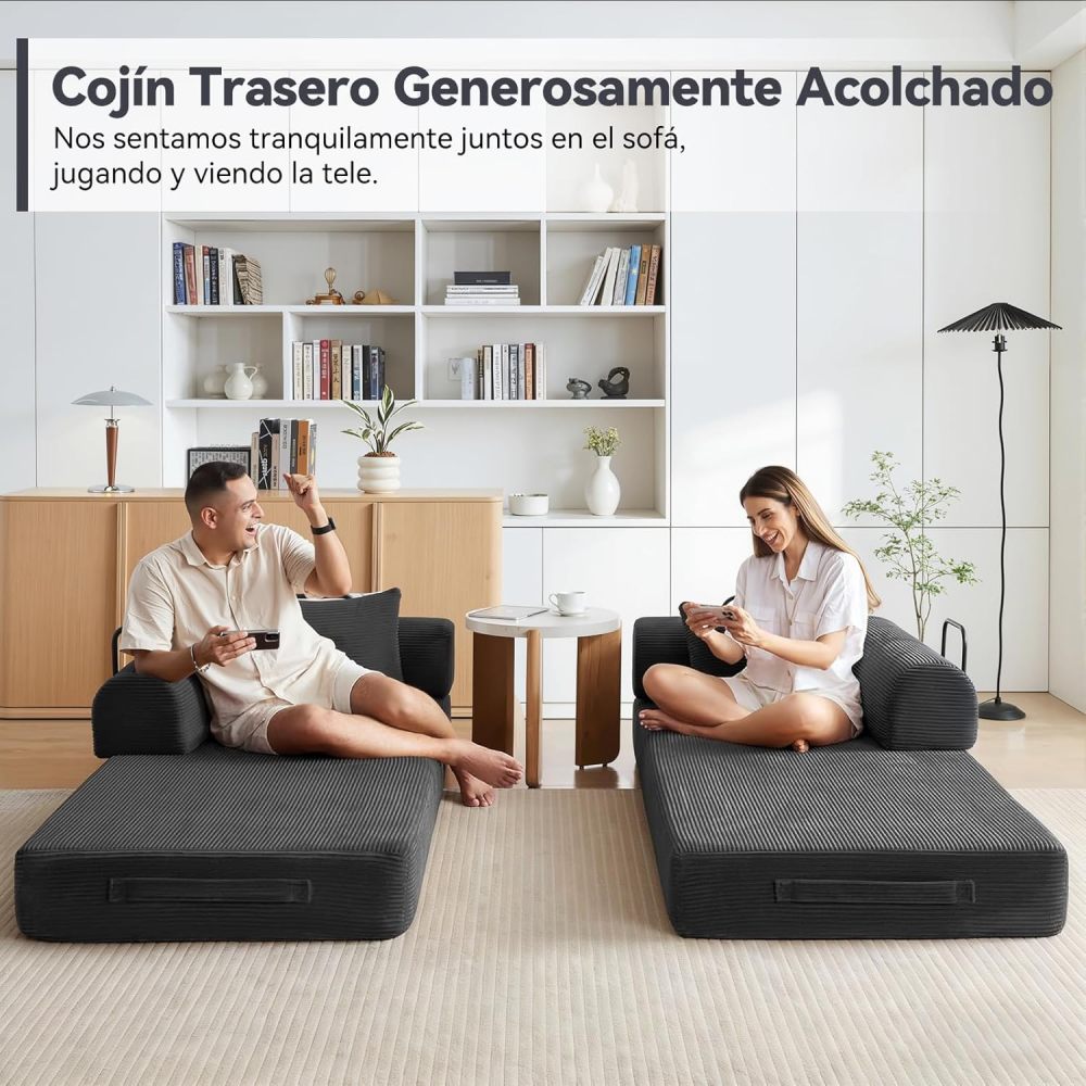 5-in-1 Convertible Sofa Bed, Corduroy Modular Sofa with Fixed Frame and Removable Armrests, Folding Sofa for Small Spaces, No Assembly Required (Black, 200 CM)