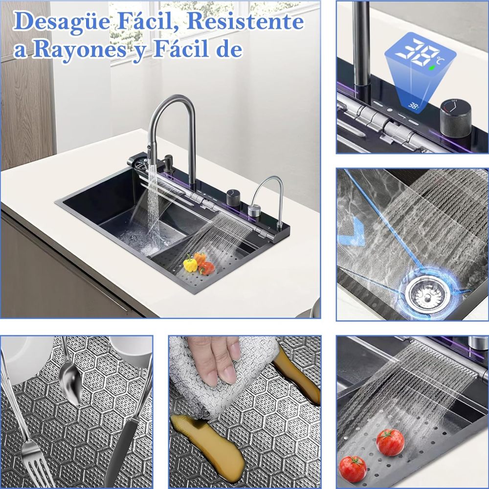 Kitchen Sink with Smart Digital Display, Double Waterfall and 13 Accessories, 80 * 46 * 22cm, 304 Stainless Steel Kitchen Sinks, Black Kitchen Sink, Upgraded Version.
