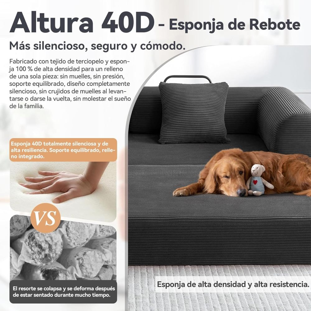 5-in-1 Convertible Sofa Bed, Corduroy Modular Sofa with Fixed Frame and Removable Armrests, Folding Sofa for Small Spaces, No Assembly Required (Black, 200 CM)