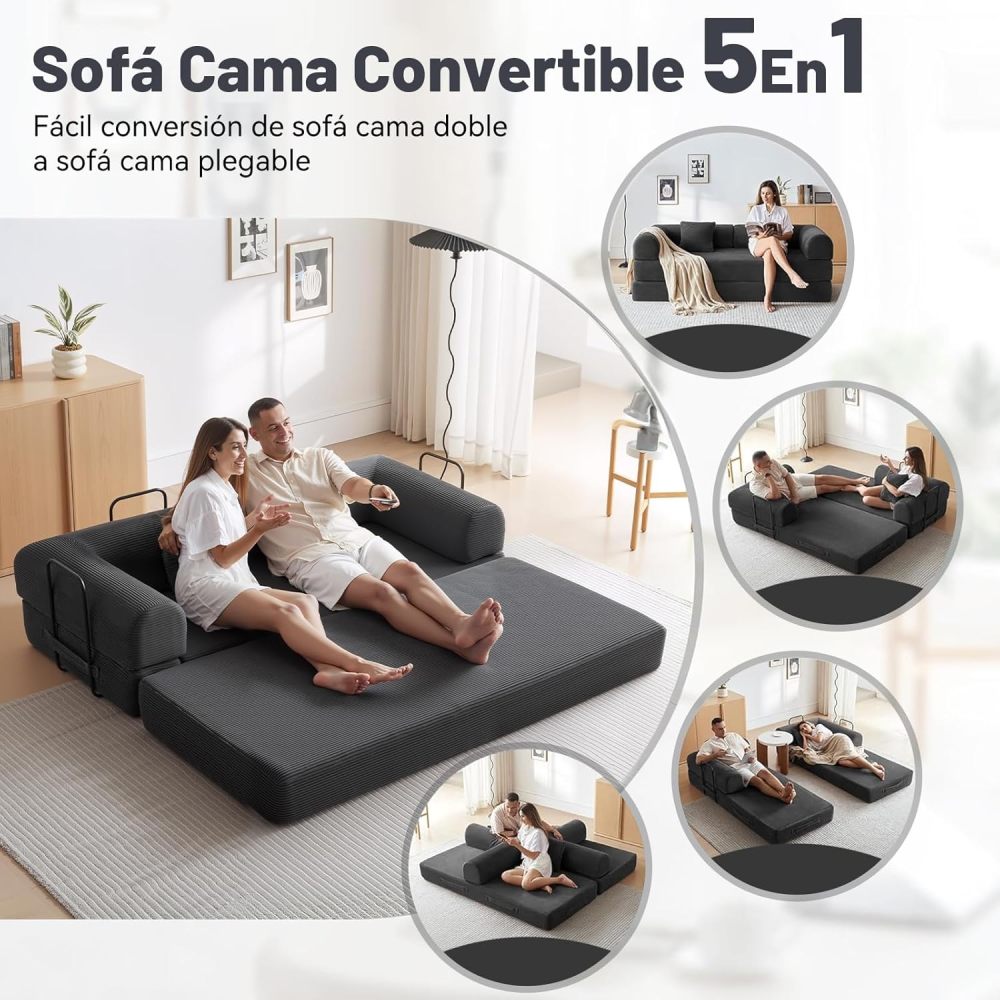5-in-1 Convertible Sofa Bed, Corduroy Modular Sofa with Fixed Frame and Removable Armrests, Folding Sofa for Small Spaces, No Assembly Required (Black, 200 CM)