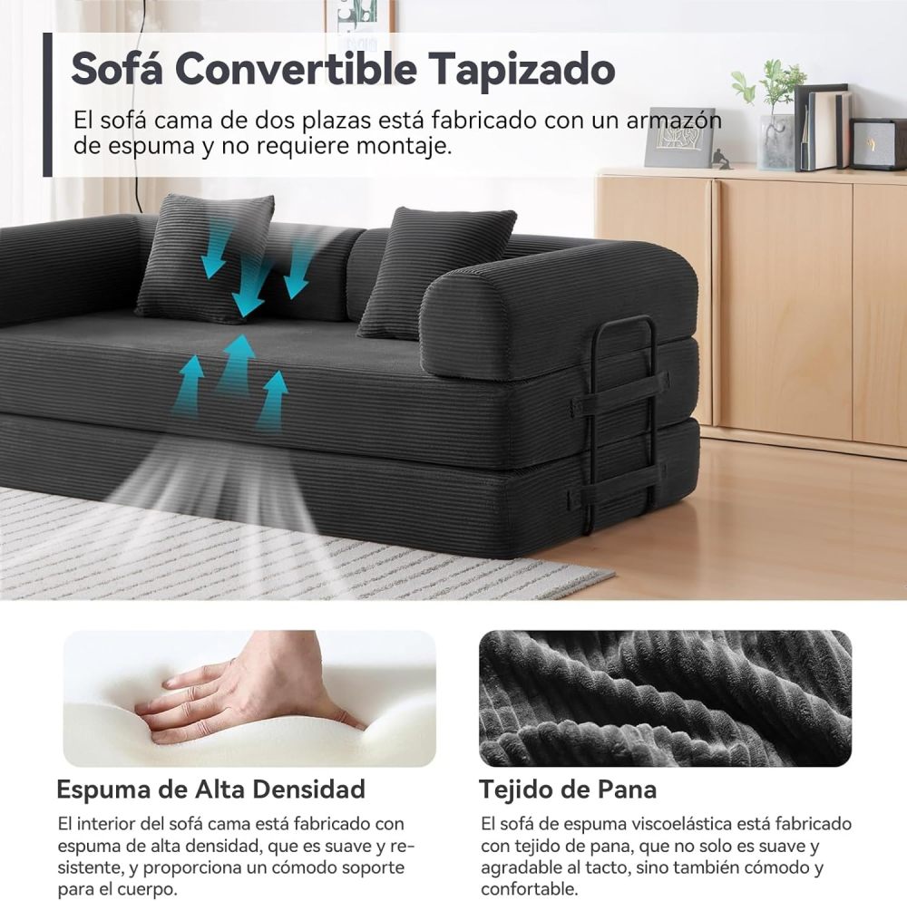 5-in-1 Convertible Sofa Bed, Corduroy Modular Sofa with Fixed Frame and Removable Armrests, Folding Sofa for Small Spaces, No Assembly Required (Black, 200 CM)