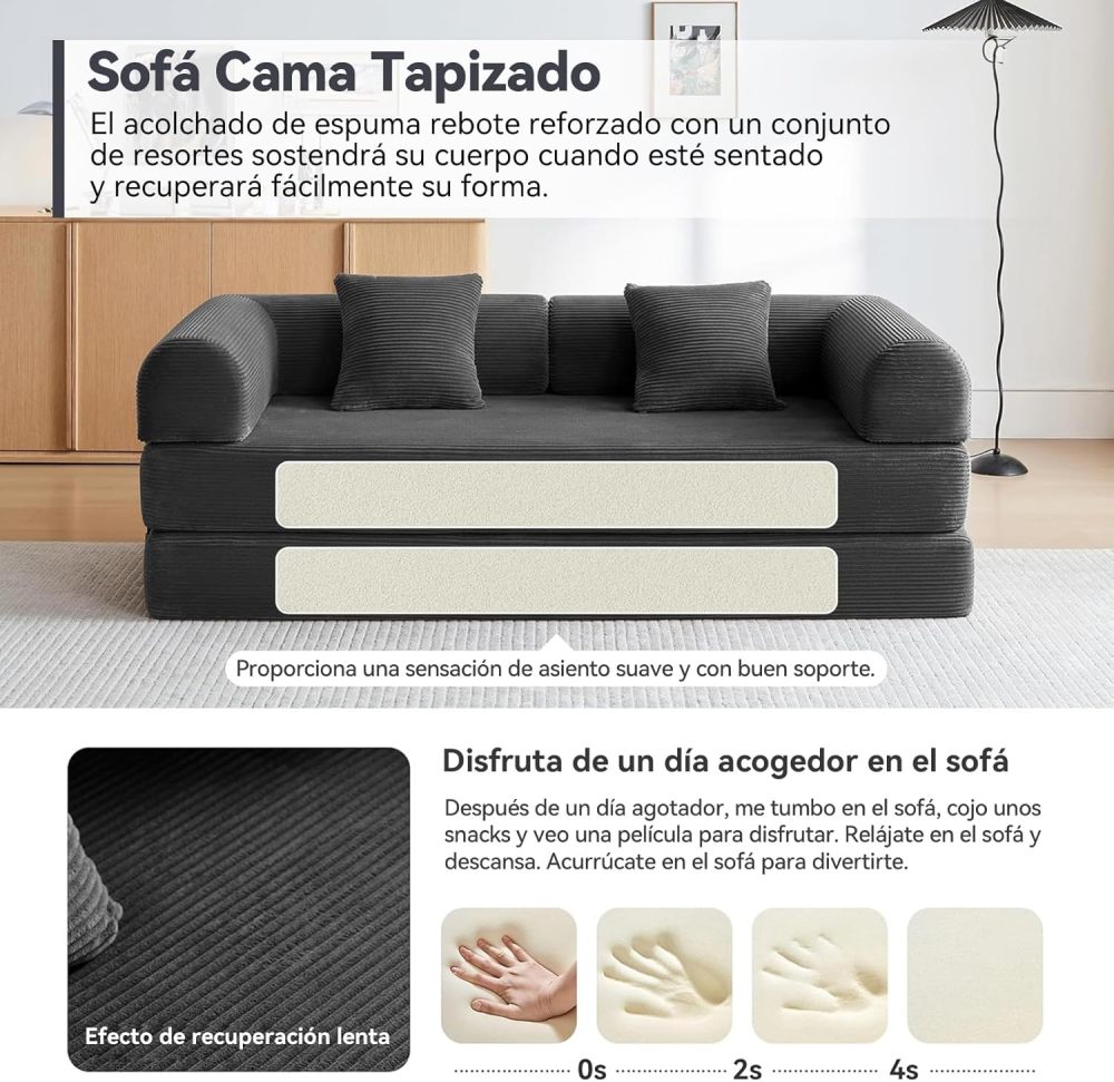 5-in-1 Convertible Sofa Bed, Corduroy Modular Sofa with Fixed Frame and Removable Armrests, Folding Sofa for Small Spaces, No Assembly Required (Black, 200 CM)