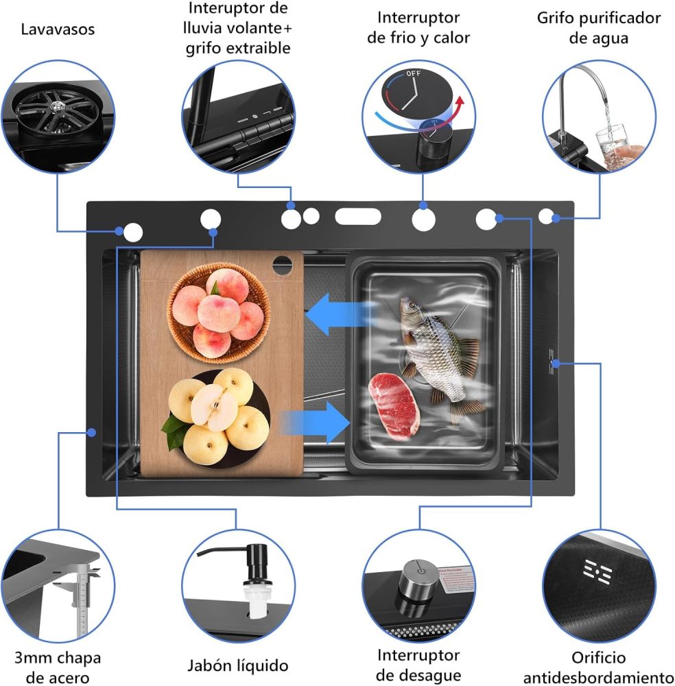 Kitchen Sink with Smart Digital Display, Double Waterfall and 13 Accessories, 80 * 46 * 22cm, 304 Stainless Steel Kitchen Sinks, Black Kitchen Sink, Upgraded Version.