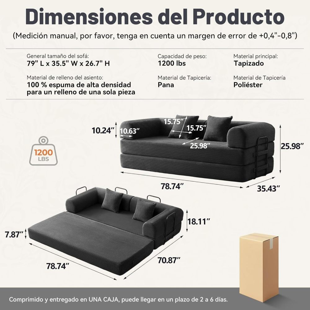 5-in-1 Convertible Sofa Bed, Corduroy Modular Sofa with Fixed Frame and Removable Armrests, Folding Sofa for Small Spaces, No Assembly Required (Black, 200 CM)