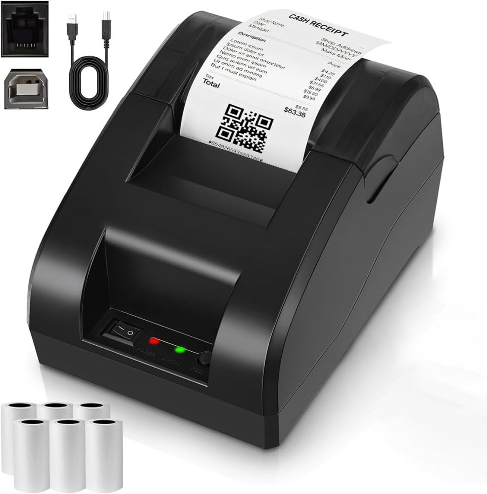 Thermal Printer, 58MM Miniprinter Label Receipt Printer +6 58mm Thermal Paper Rolls, Bluetooth and USB Portable Ticket Printer with ESC/POS/Star