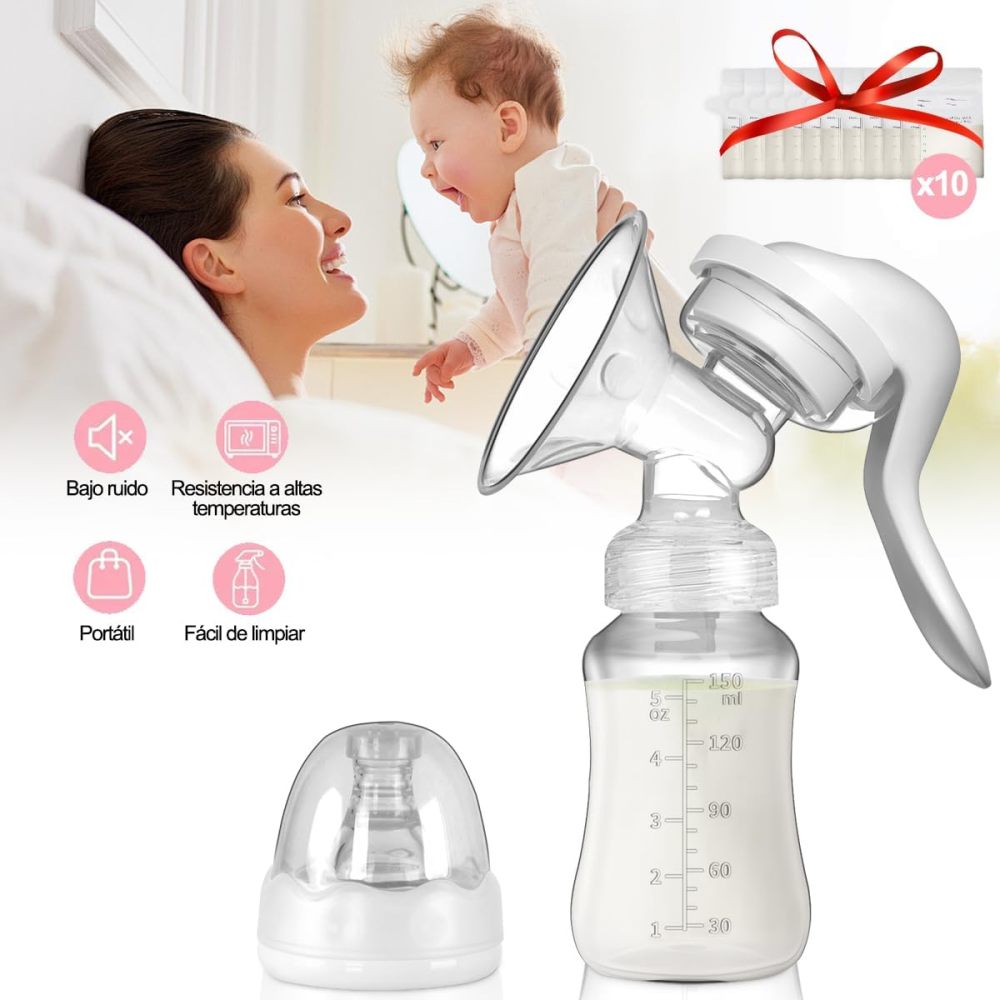 Manual Breast Pump, BPA-Free Breast Pump with Bottle and 10 Breast Milk Storage Bags, Gentle Massage Adjustable Suction Breast Pump and Portable Breast Pump