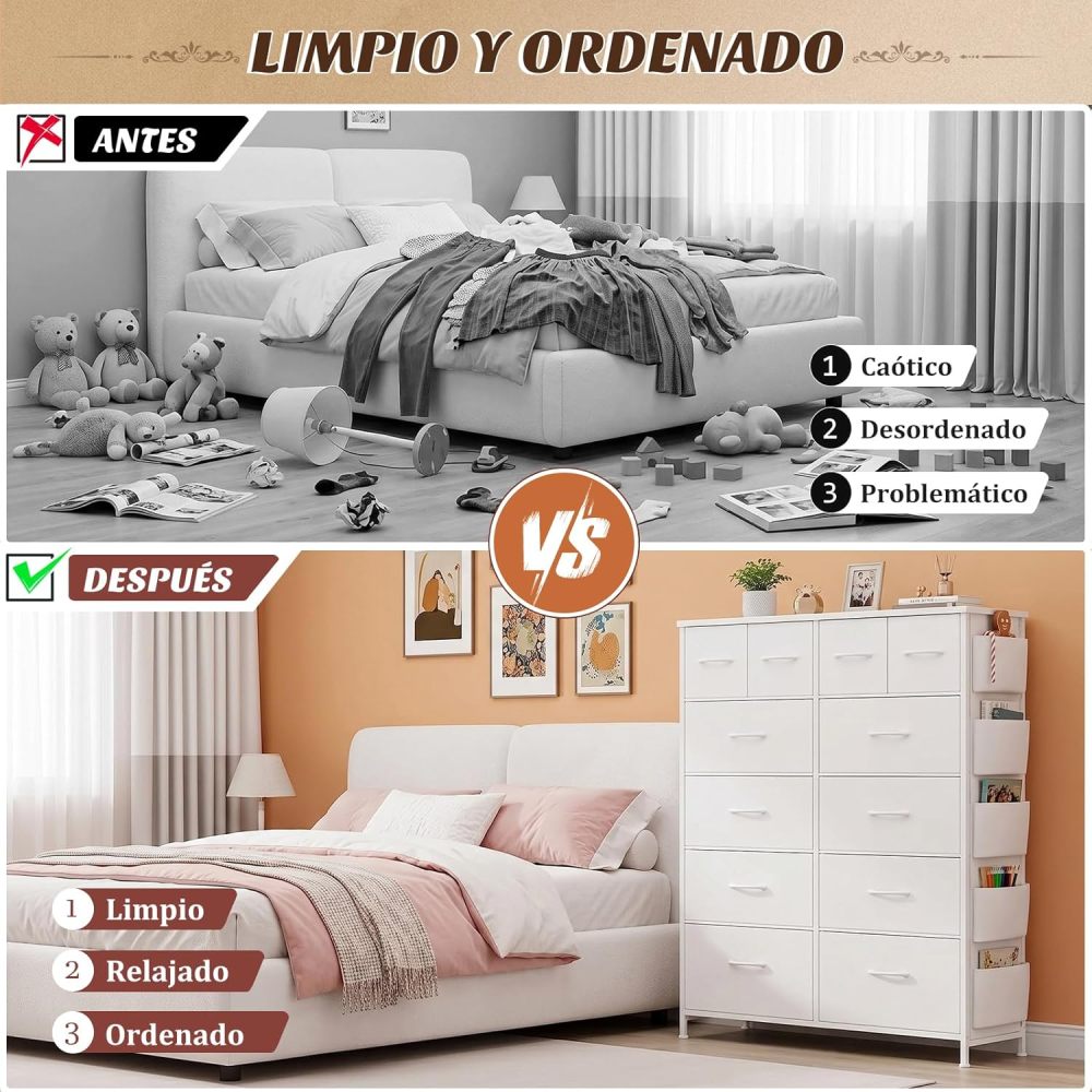 FURRIFIC Bedroom Dresser, with 12 Fabric Drawers, Side Pocket and Resistant Steel Structure, Clothes Organizer Furniture, White