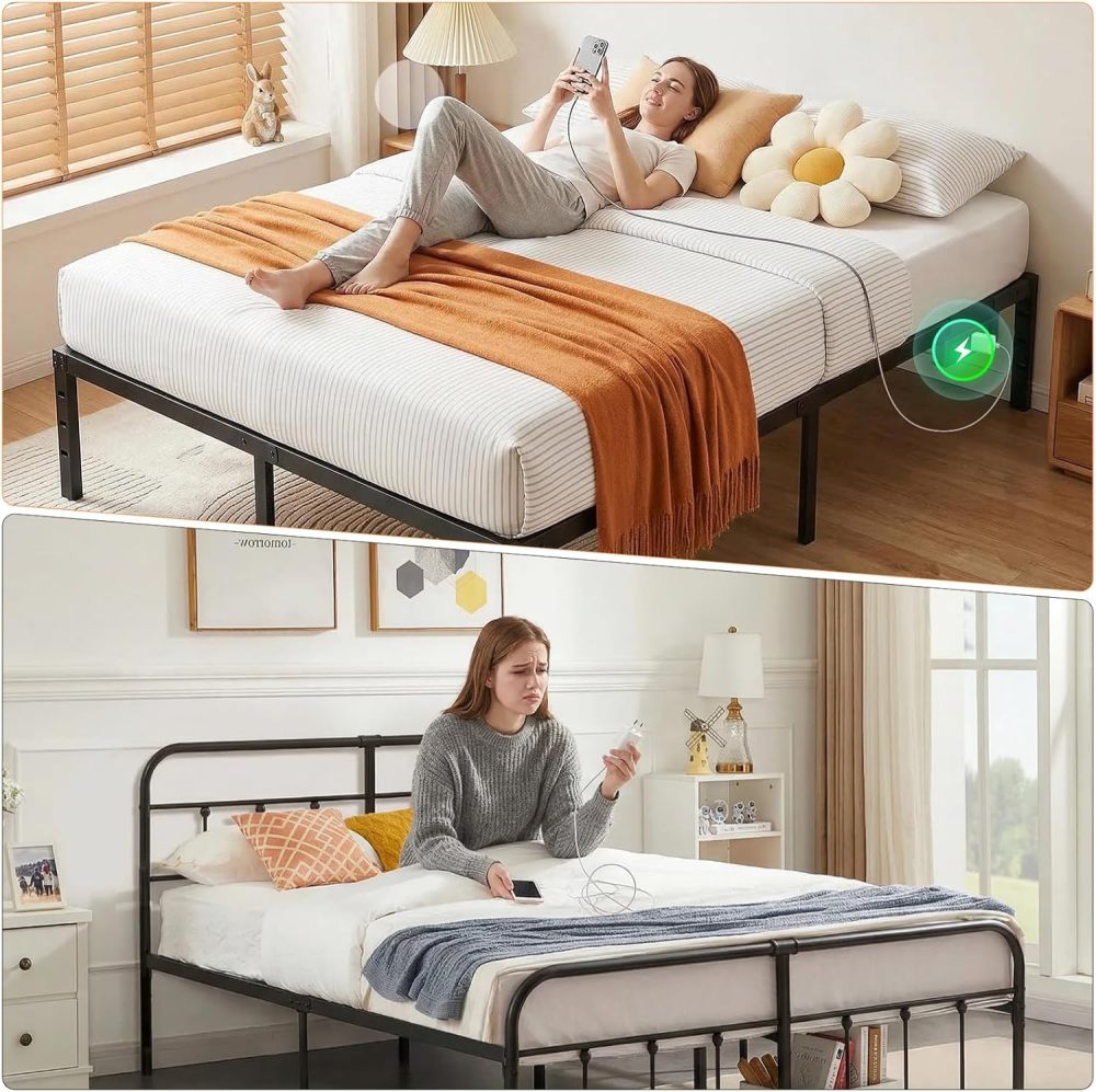 FURRIFIC Double Bed Base Metal with Plugs–2 AC Sockets + 2 USB Ports, 1.5m Cable, 3 Adjustable Heights for Headboard (Not Included), Durable and Durable Metal Bed Base