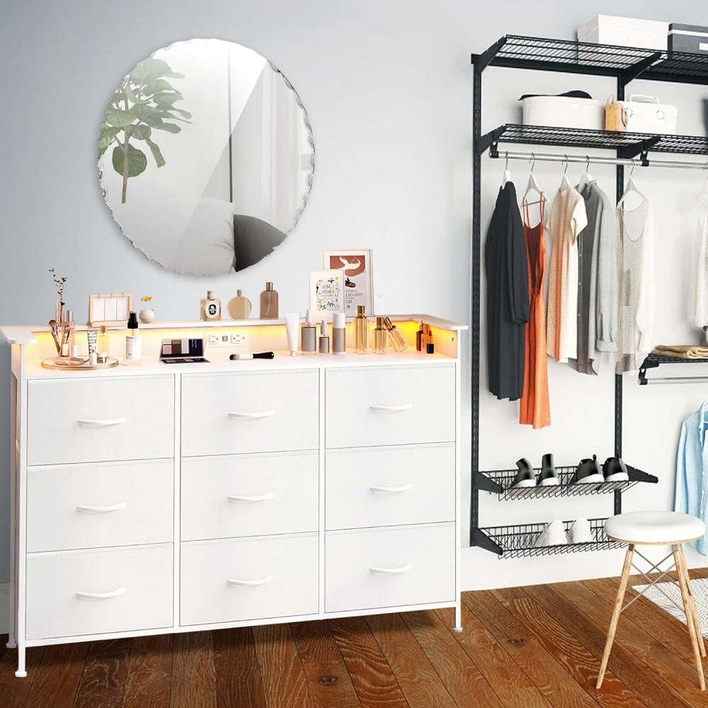 FURRIFIC Chest of Drawers for Bedroom, Dressers and Drawers with 2 Outputs and 2 USB Led Lights, Metal Structure Organizer Furniture with 9 Drawers, Home and Office Storage (White)