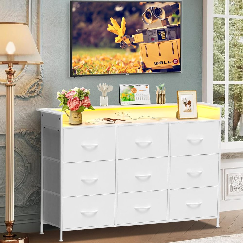 FURRIFIC Chest of Drawers for Bedroom, Dressers and Drawers with 2 Outputs and 2 USB Led Lights, Metal Structure Organizer Furniture with 9 Drawers, Home and Office Storage (White)