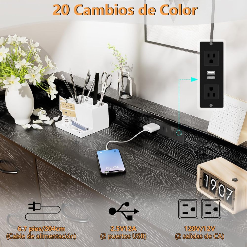 FURRIFIC Chest of Drawers for Bedroom, Dressers and Drawers with 2 Outlets and 2 USB Led Lights, Bedroom Dresser with 9 Drawers, Metal Structure Organizer, Home and Office Storage