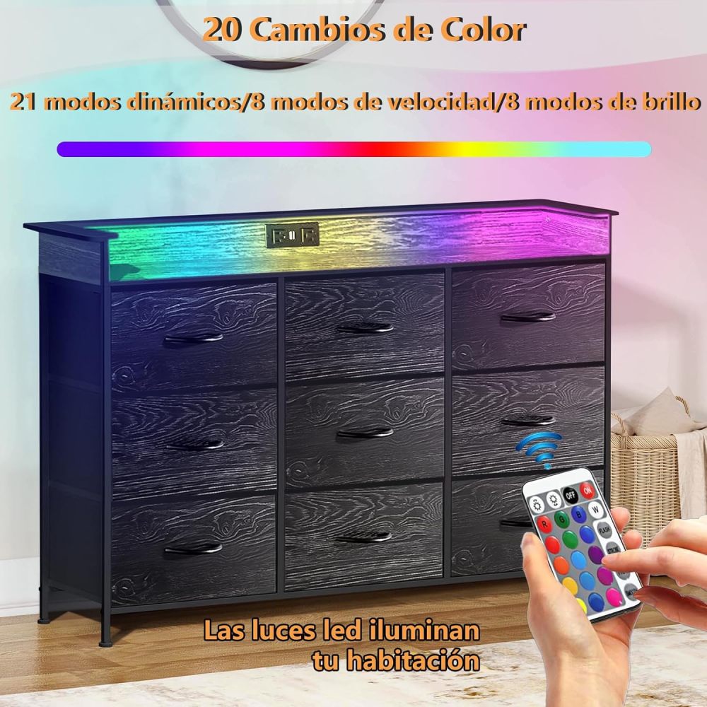 FURRIFIC Chest of Drawers for Bedroom, Dressers and Drawers with 2 Outlets and 2 USB Led Lights, Bedroom Dresser with 9 Drawers, Metal Structure Organizer, Home and Office Storage
